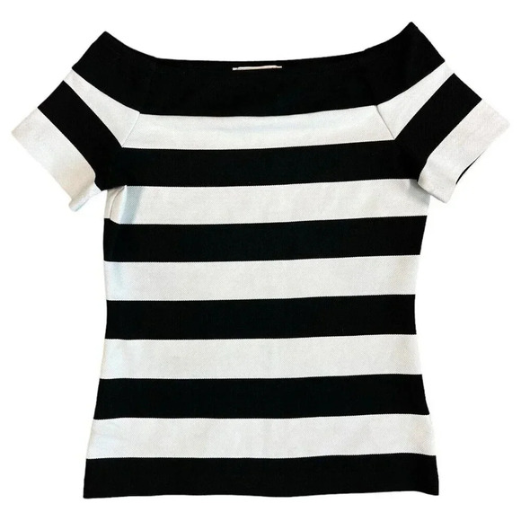 MICHAEL KORS Thick Stretch Off Shoulder Blouse Black White Striped Size Small - Picture 1 of 8